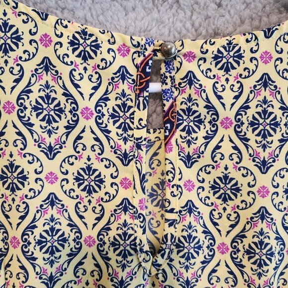 GiBiu Mini Dress Above Knee Yellow Blue Pink Sz Small Damask Style Pattern - Picture 4 of 9